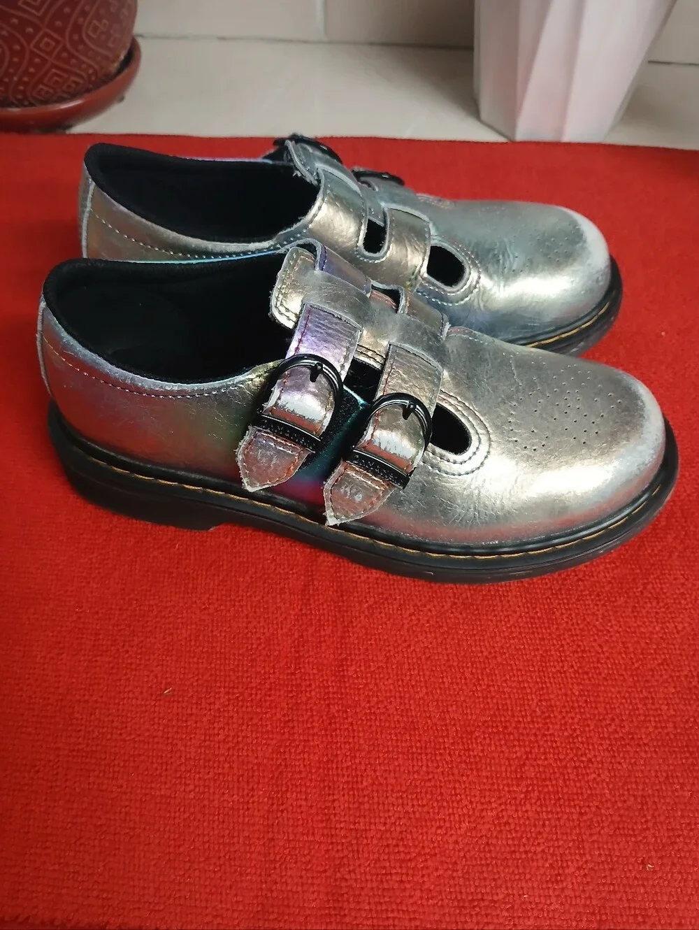 Dr. Martens Kids Iridescent Silver Double-Strap Mary Jane Shoes